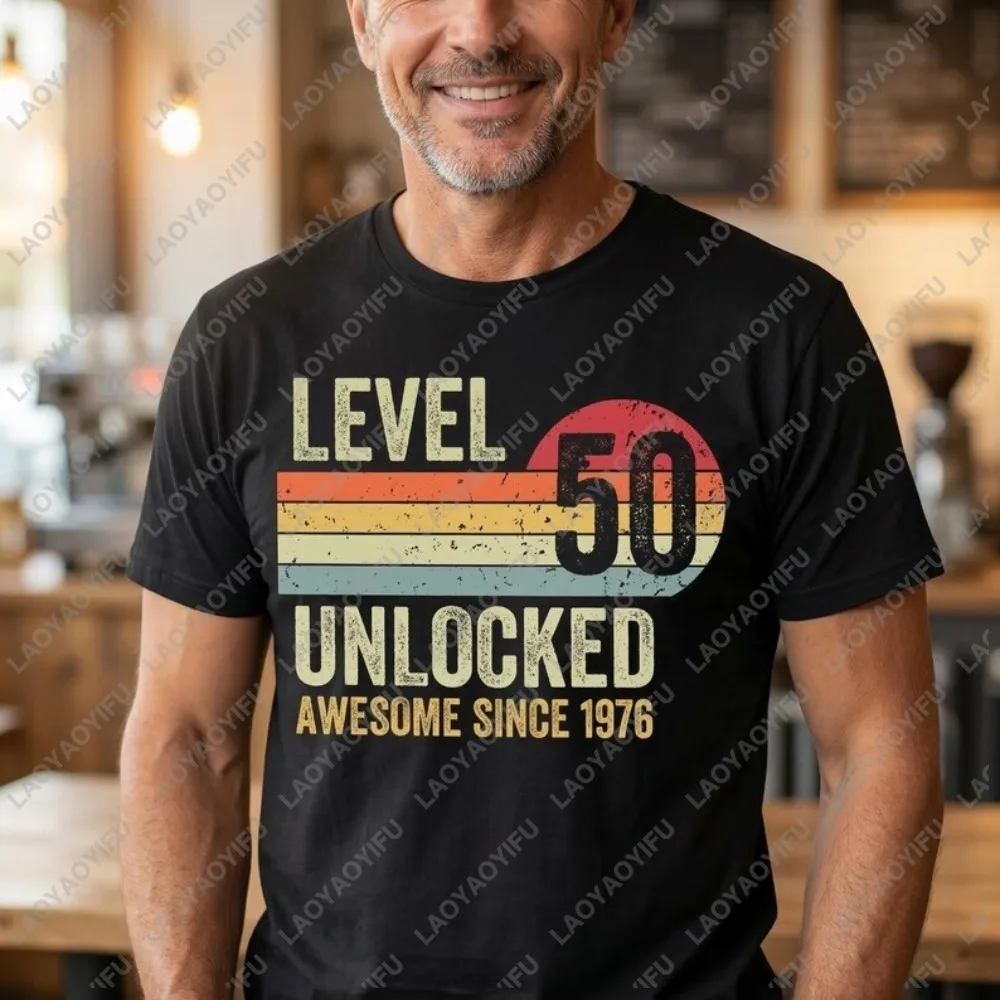 Level 50 Unlocked Birthday Retro T Shirt Vintage 1976 50th Casual Fashion Loose Man Streetwear Cotton Short Sleeve Women Tees