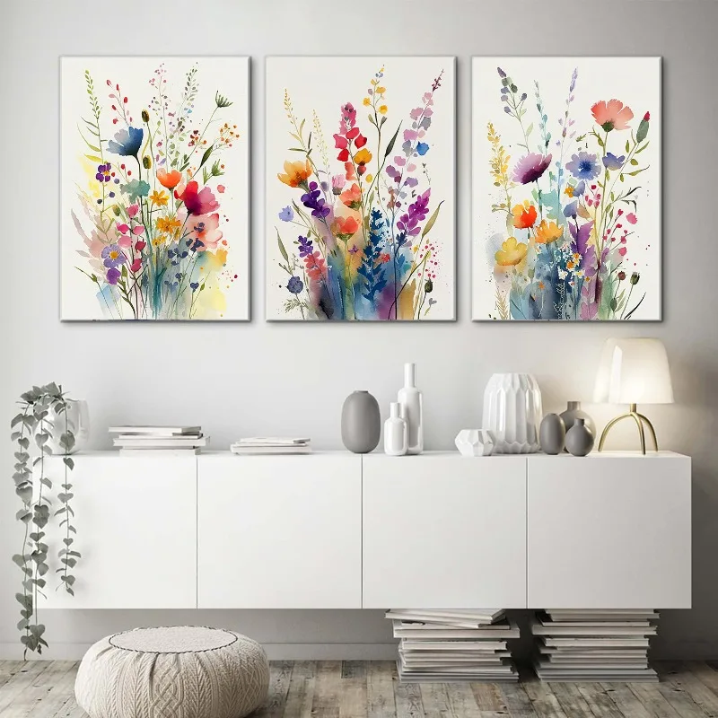 Set of 3 Wildflowers Watercolour Poster Flower Set Print Decorative Canvas Painting Bedroom Living Room Frameless Wall Art