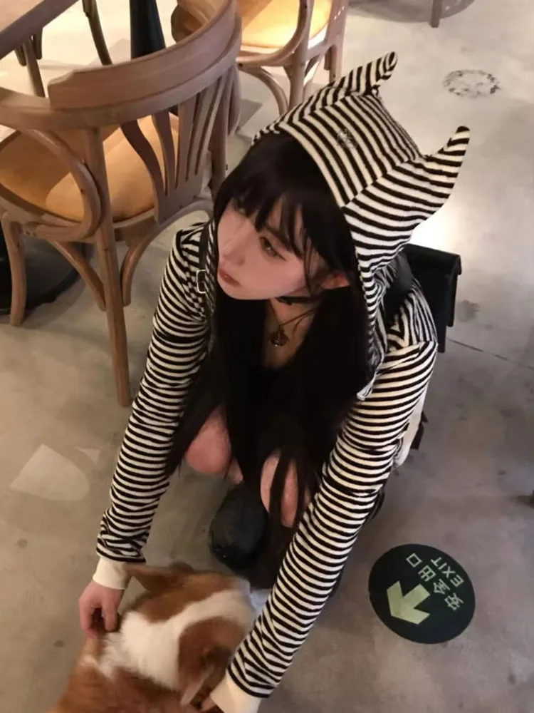 Vintage Sexy Stripe Loose Harajuku Devil's Cape Hooded Hoodies Women Diamond Hoody Y2k Aesthetic Grunge Zipper Sweatshirt Tops