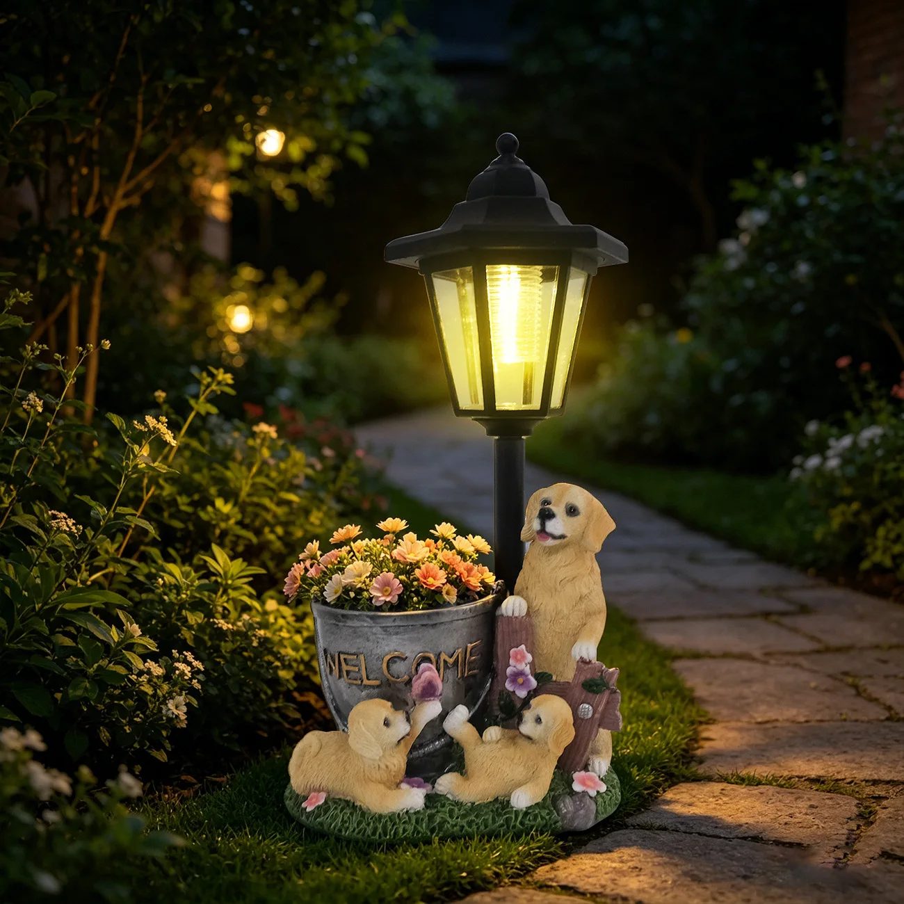 Flower Pot Golden Retriever Puppy Resin Crafts Ornament Gardening Home Decoration Outdoor Solar Landscaping Night Light