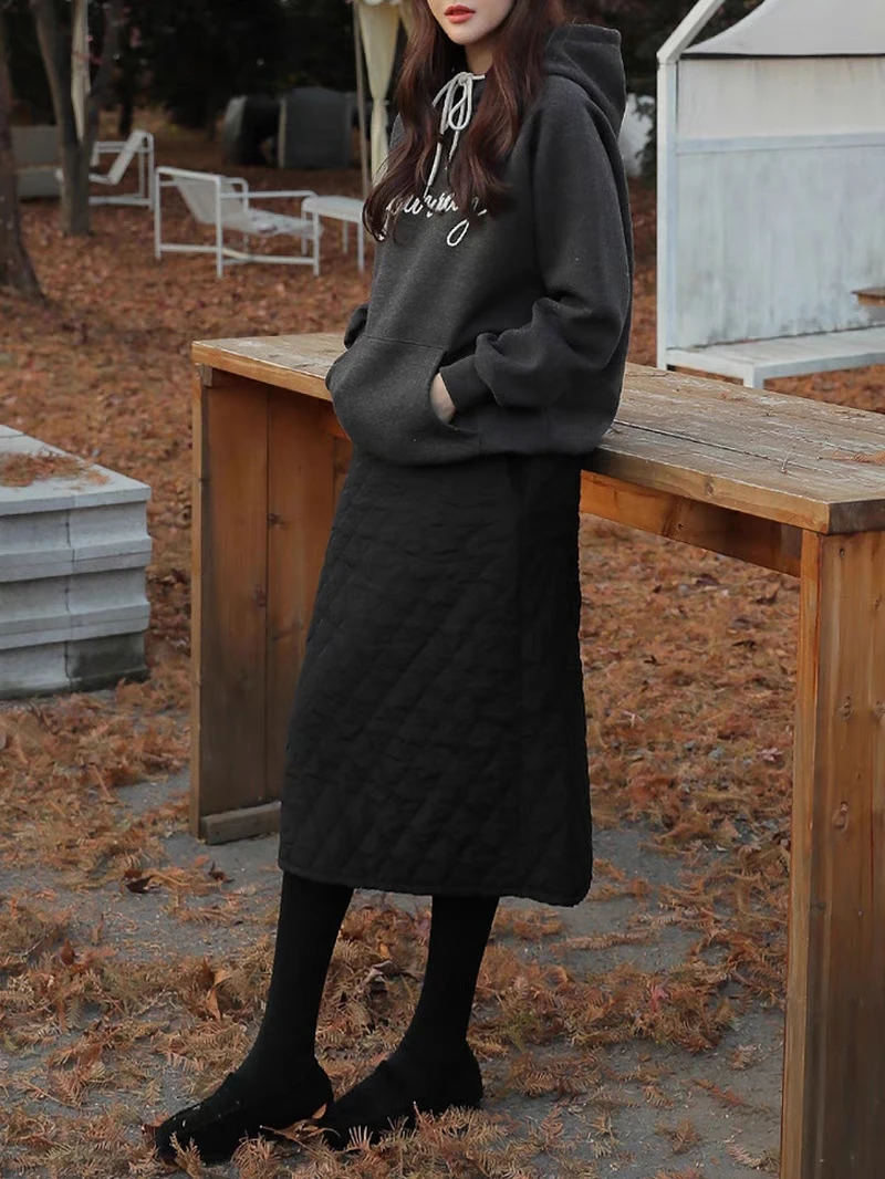 Korean Style Thickened High Waist  Skirt Women's Casual Winter Cotton Lined over Knee Length Wrap Body Skirt