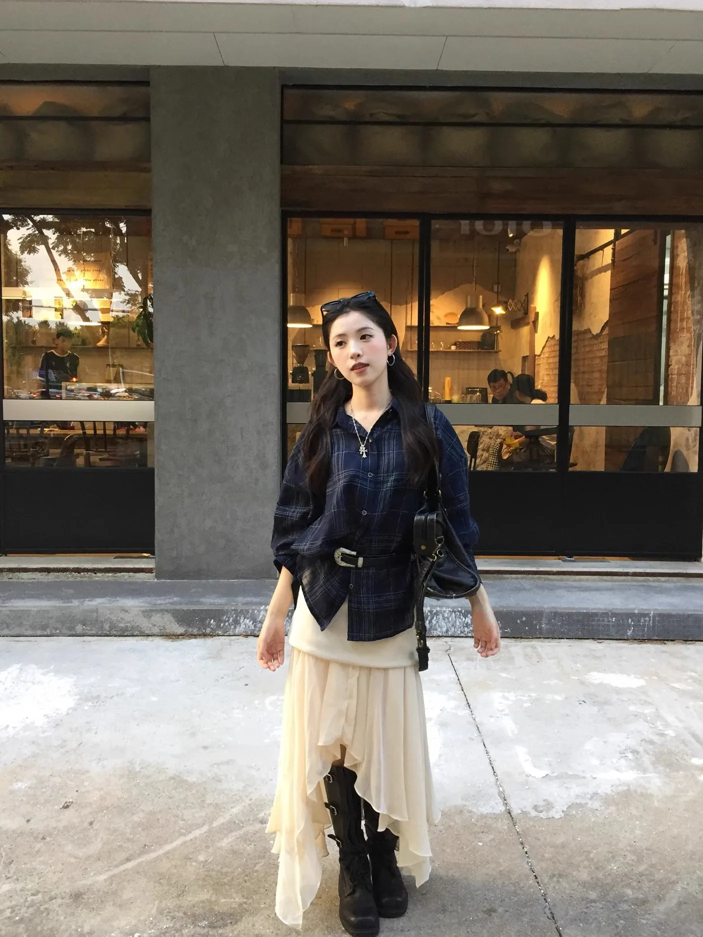 

Elegant Plaid Long Sleeve Collar Shirt And Skirt Set for Women Autumn Commute Style Medium Thickness Adult Casual Wear