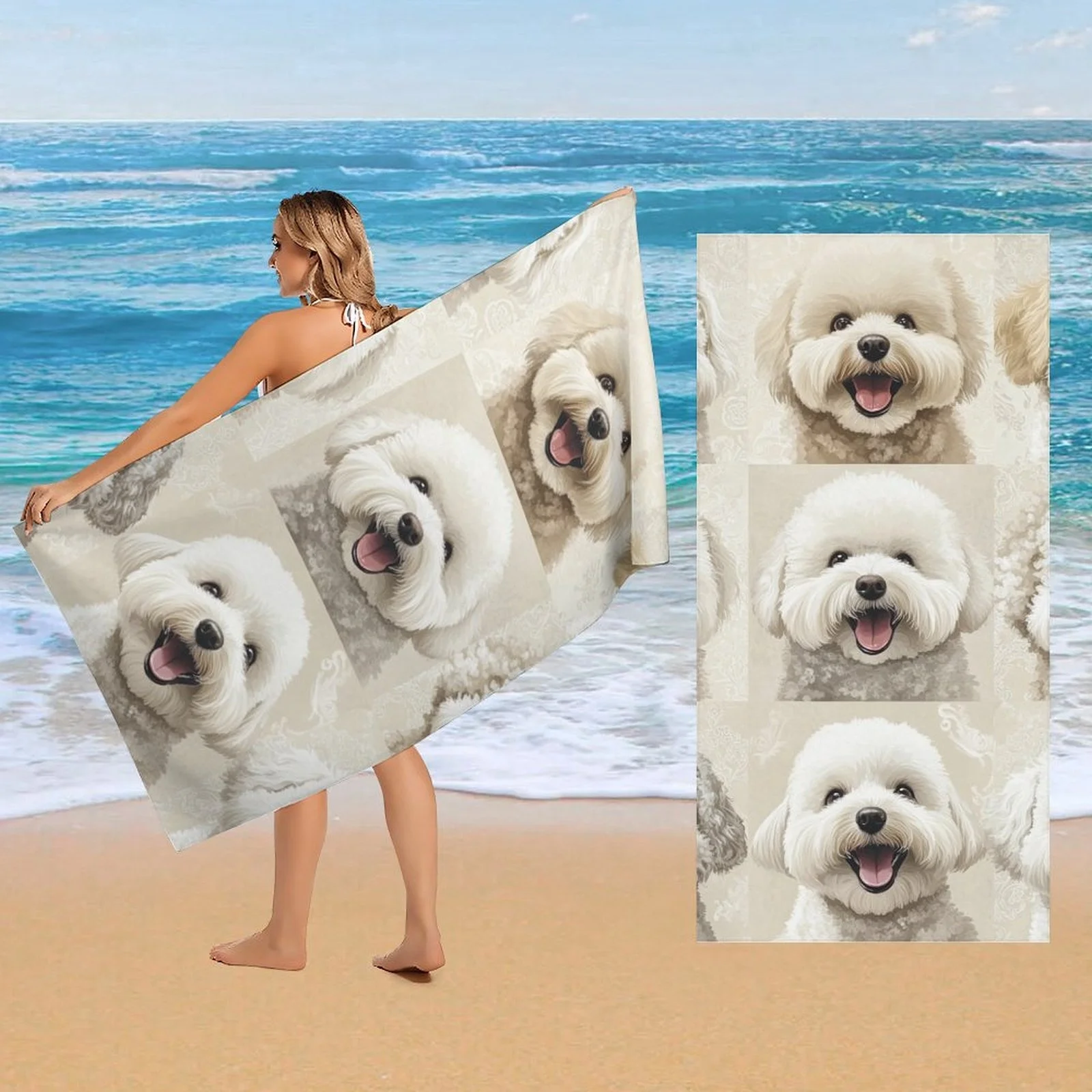 Various Bichon Frise Dog Designed Beach Towel Large Towel, Super Absorbent, Quick-Dry, Fashionable Decorative Beach Towel Bath