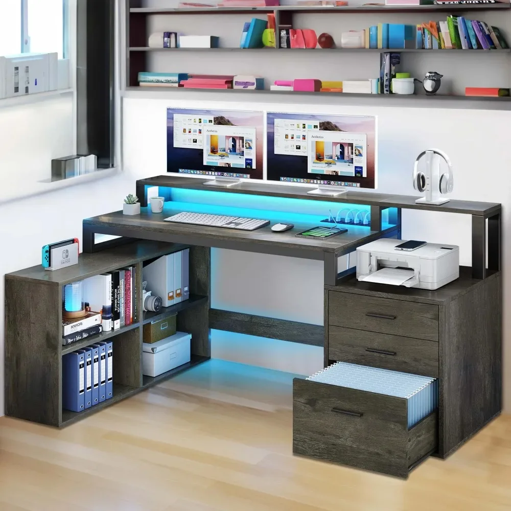 New Gray Modern L Shaped Computer Corner Gaming Desk with Power Outlets File Drawers Monitor Shelf Writing Shelves LED Office