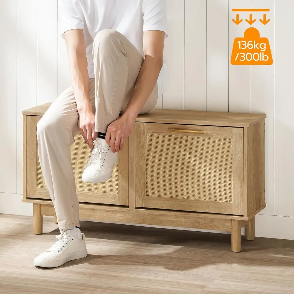 مقعد تخزين أحذية الروطان الضيق مع أدراج قابلة للطي للمدخل والممر، منظم من الخشب الطبيعي NL51HX01