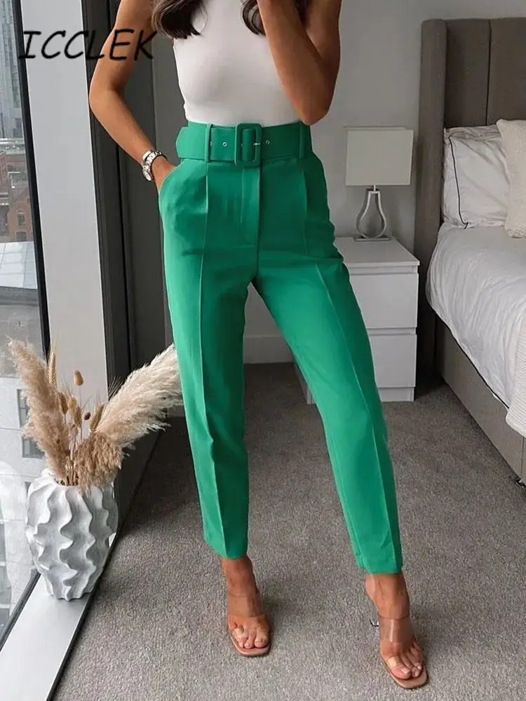 2023 New Women\'s Pants Blue Classic Pants With Belt Office Lady Pants Women\'s Tailoring Pants High Waisted Trousers Zatr Pants