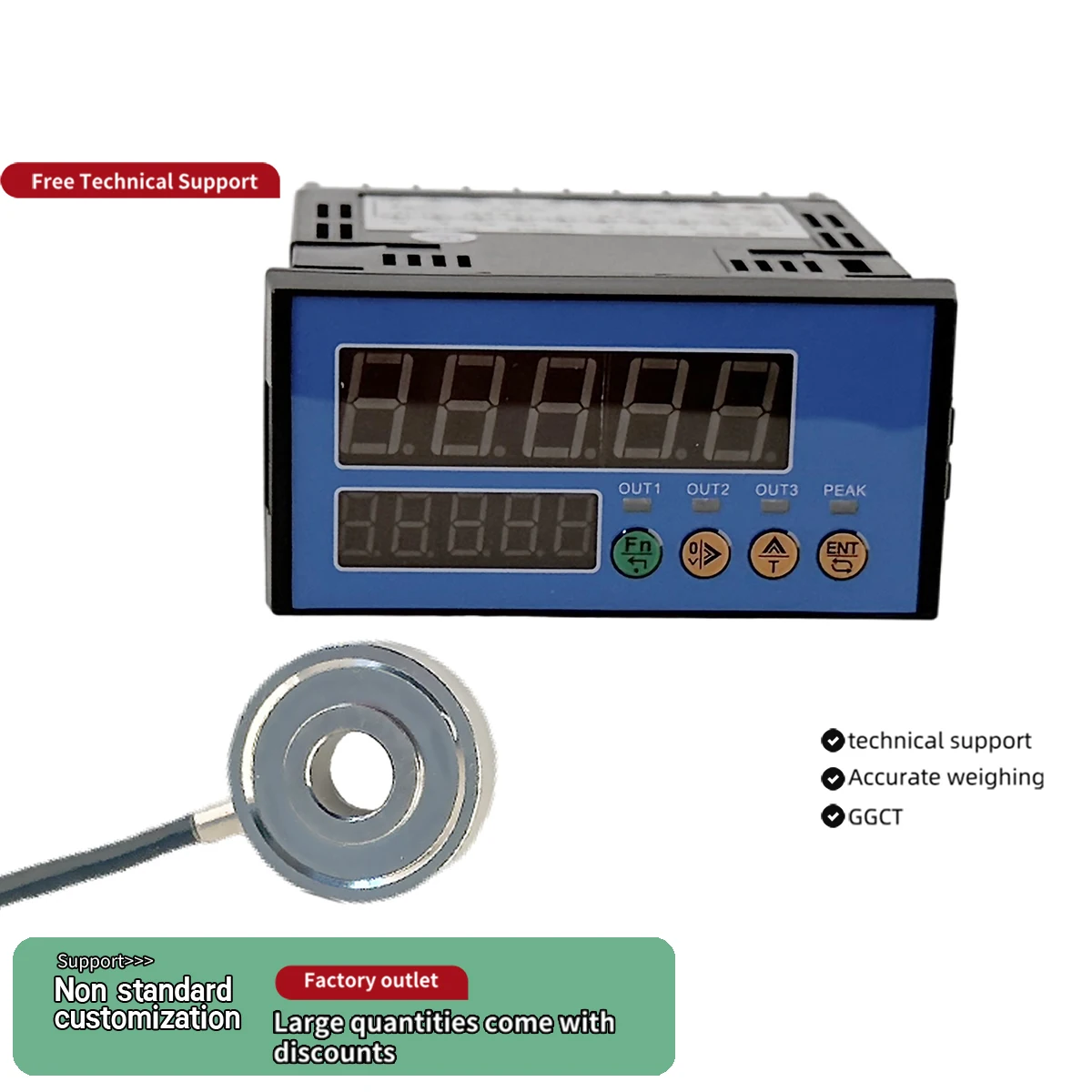 Donut Load Cell with Digital Controller, Through Hole Weight Sensor Washer Type for Bolt Force Tension Measuring