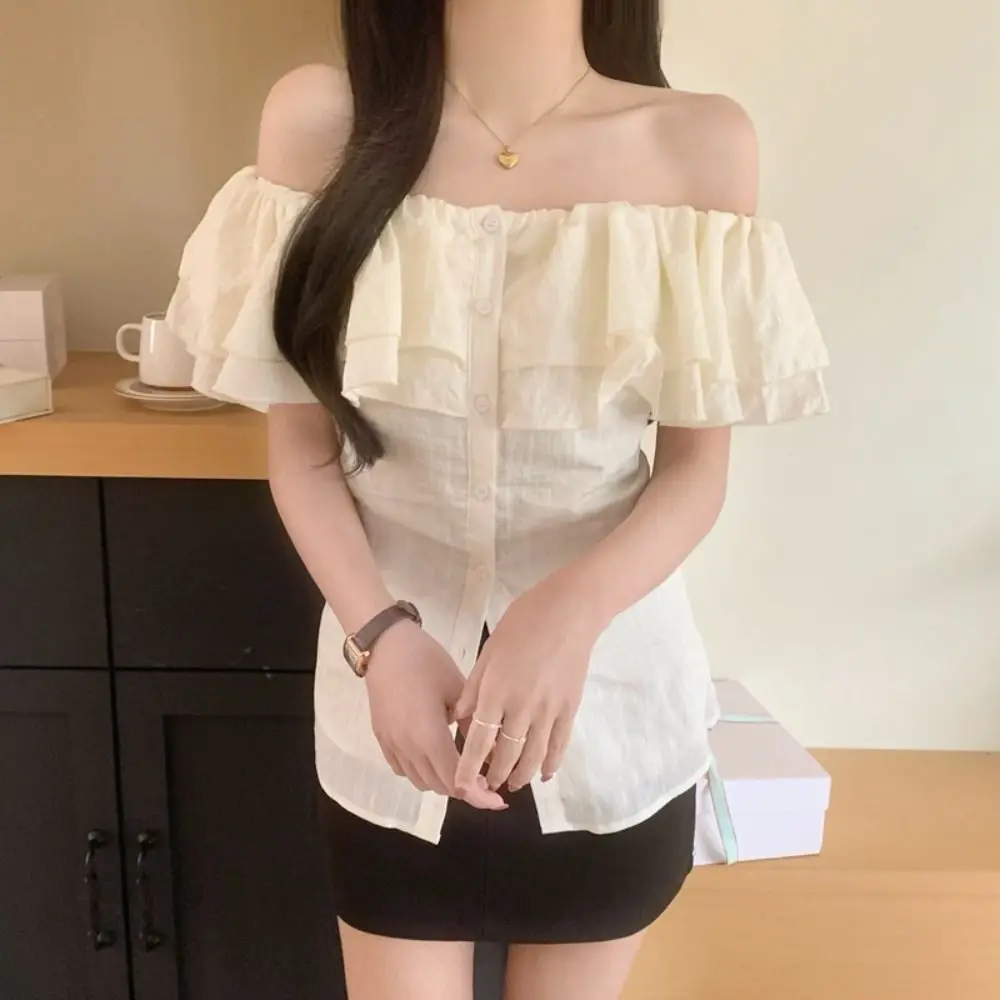 

Korean Boat Neck Off Shoulder Tops Shirt Ruffle Beige Short T-shirts Thin Ins Style Y2K Short Sleeves Tops Clue