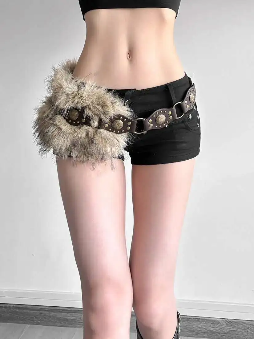 2026 Faux Fur Leather Belt Women's Versatile Belted Midi Skirt Y2K Fuzzy Retro Subculture Nomadic Style Rivet Detail Skirt Belt