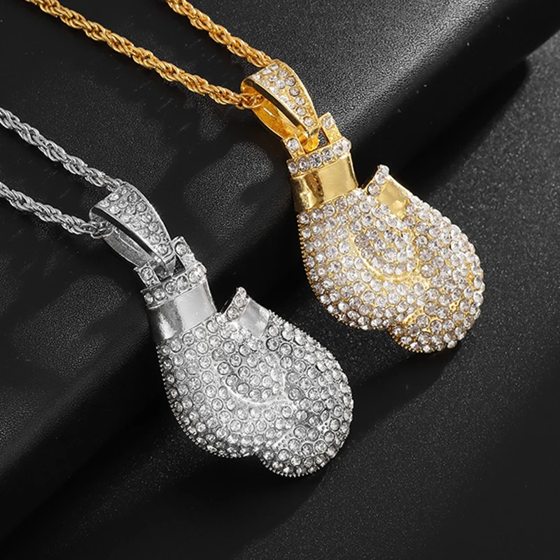 Hip Hop Bling Bling Boxing Gloves Pendant Necklace For Men Punk Luxury Style Iced Out Zircon Gold Color Neck Chain Jewelry Gifts