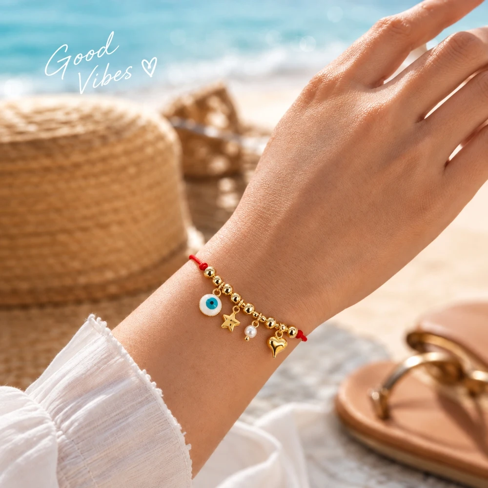 1pc Women's Red Cord Adjustable Beaded Copper Bracelet with Heart Star and Blue Eye Charms Trendy Strand Bracelet