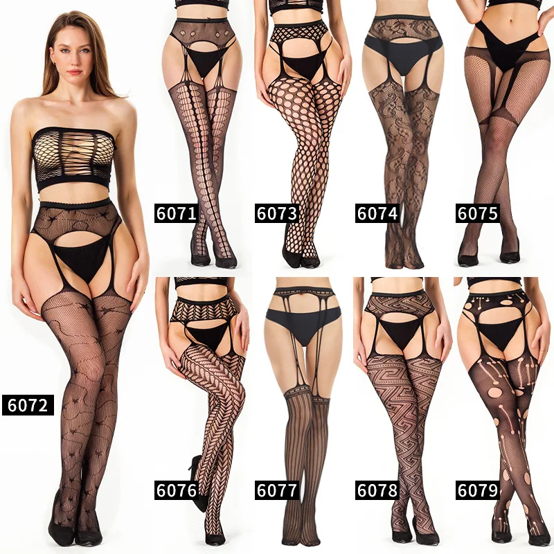 Oversize Women Sexy Pantyhose Plus Size Fishnet Lace Thigh High Stockings with Garter Belt Suspenders Underwear Black Tights