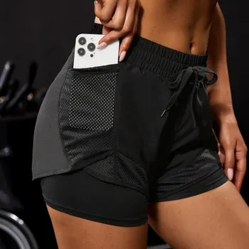 Women's Elastic Sports Shorts, Shorts With Pockets, Fake Two-Piece Yoga Leggings Running And Training