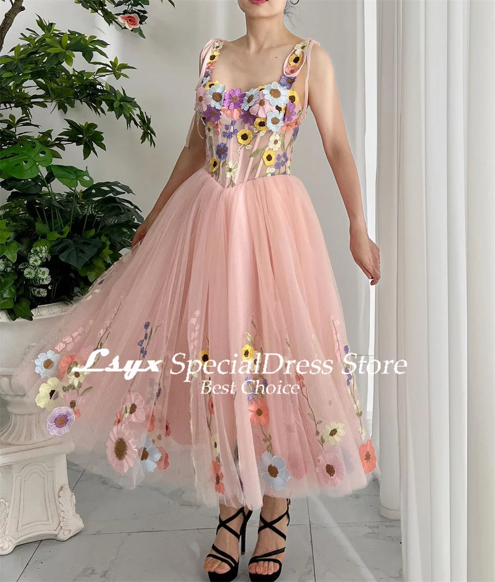 LSYX Pastrol Floral Appliques Prom Gown A-line Ankle-Length Homecoming Dresses 2024 Fairy Spaghetti Strap Birthday Party Dresses