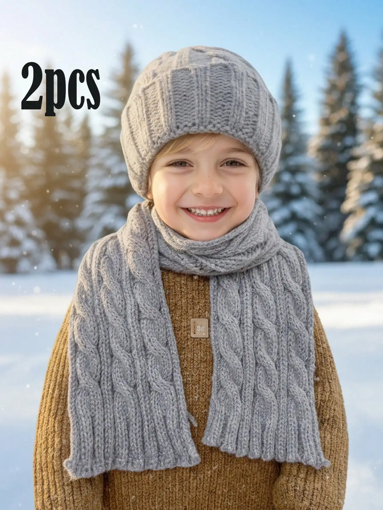 2pcs 1-7Y Kids Boys Cute Cable Knit Hat & Scarf Set, Stylish 2Pcs Knitted Accessory Kit for Boys Girls