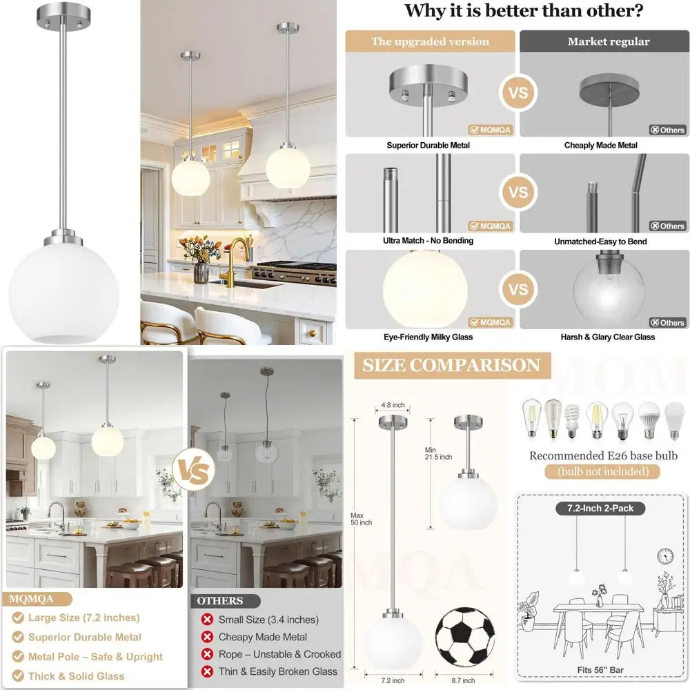 

Подвесные светильники-шары из матового никеля, 7,2 дюйма, с плафоном из молочного стекла, идеально подходят для кухонного острова или столовой (лампочки в комплект не входят)
