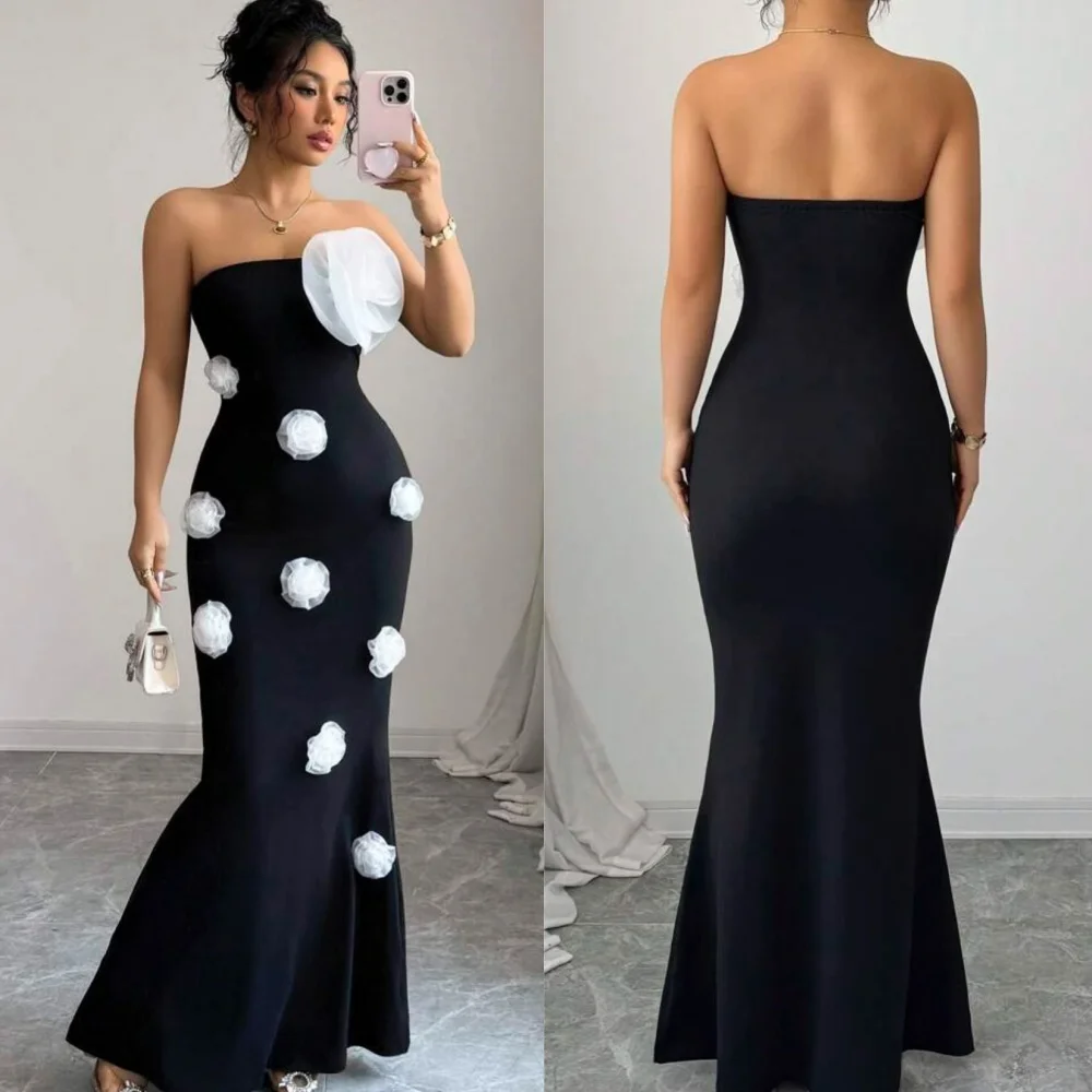 

Customized Formal Matching Jersey Handmade Flower Ruched Mermaid Strapless Long Dresses Bespoke Occasion Dresses Sizes Available