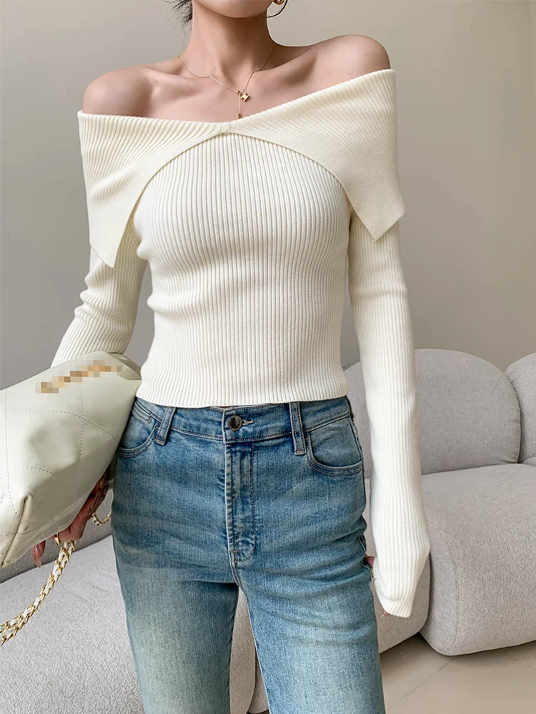 Autumn Winter Women Sweaters Casual Long Sleeve Knitted Pullover Sweater Basic Solid Sexy Off Shoulder Crop Top Fashion Clothes