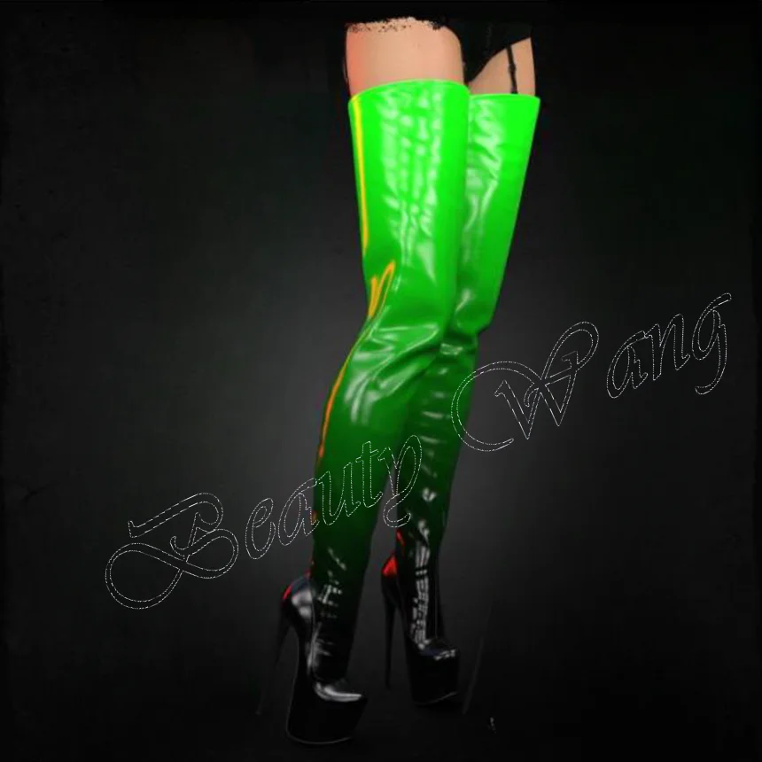 

Green Gradient Colir Platform Boots Patent Thigh High Belt High Thin High Heels Women Shoes 2023 Big Size Zapatos Para Mujere