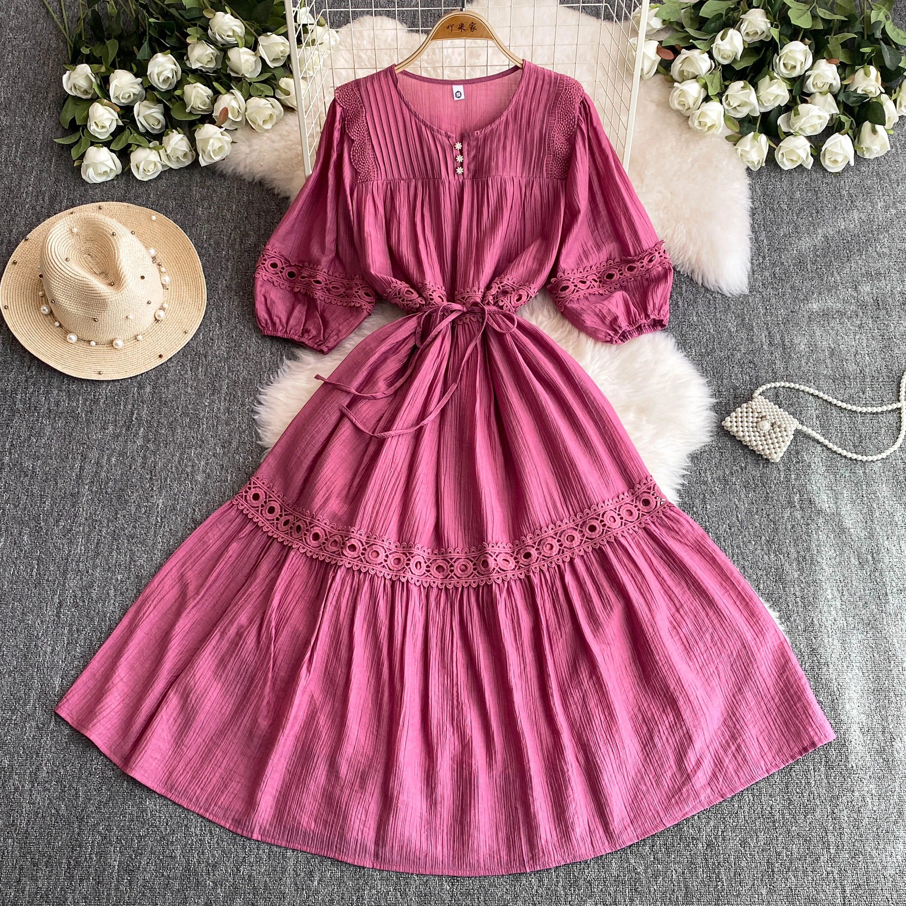 Summer Elegant Midi Boho Dress for Women Lace Stitching 3/4 Sleeve Chic Holiday Vestidos Round Neck Female Traf Vacation New In