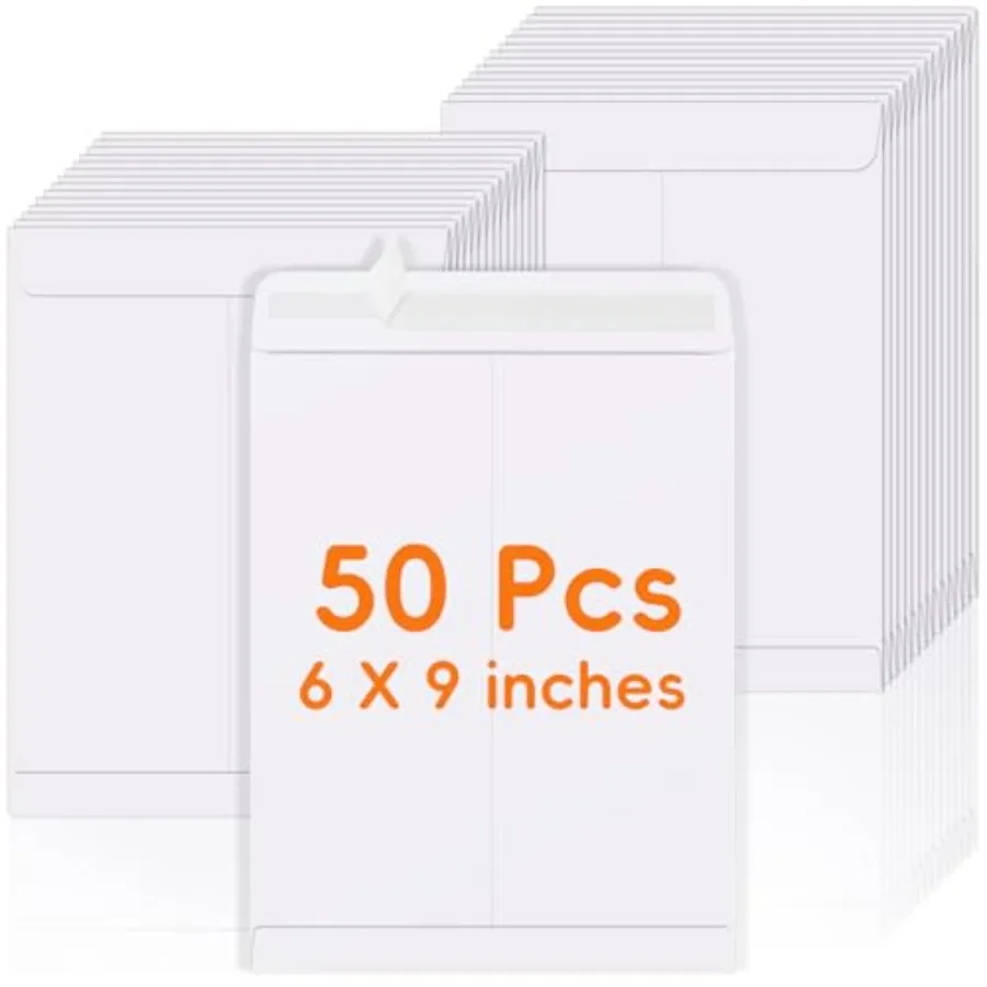 Paquete de 50 Sobres Autoadhesivos de 6x9, Sobres Blancos para Envíos de Catálogos, Sobres Manilla de 6 x 9 para Envíos, Organización, Almacenamiento, Hogar