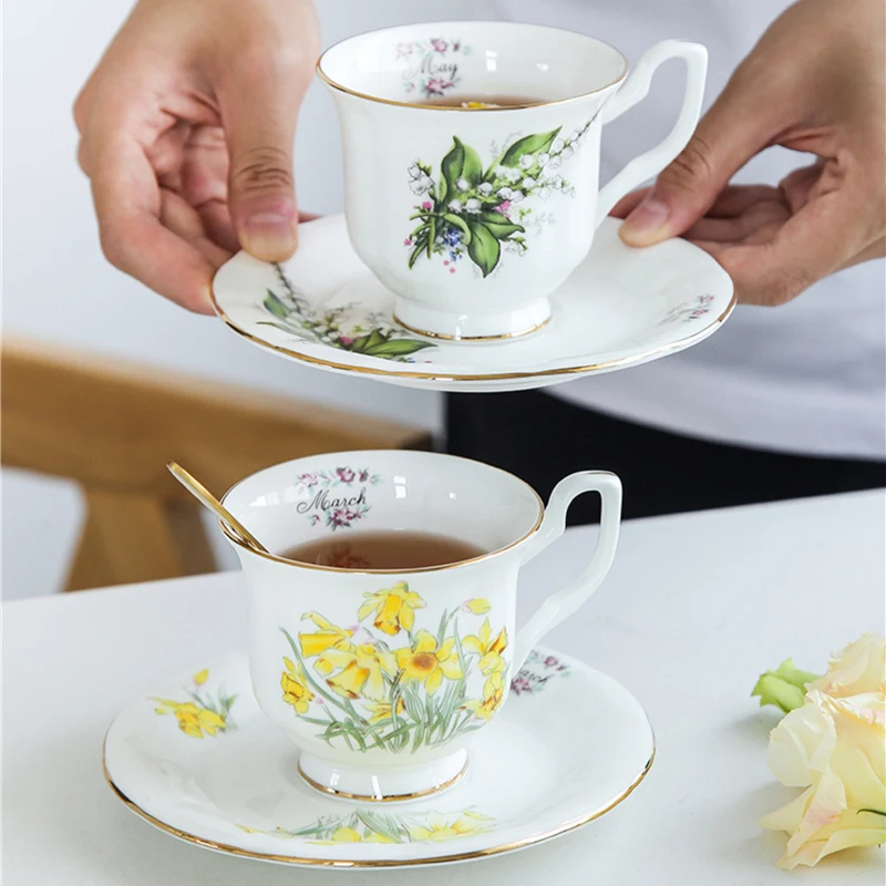 Retro Coffee Cup Saucer Teacup Bone China Creative Ceramic Mug Month Flower Afternoon Tea Cup Saucer Set Home Drinkware Gift