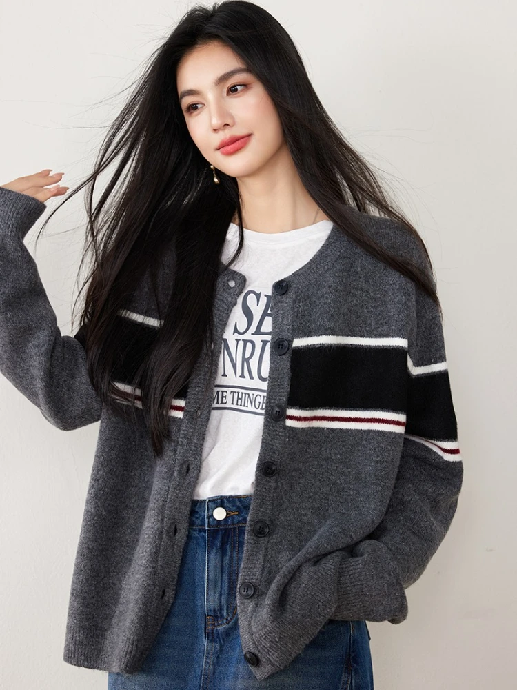 

Gray Contrast Color Knit Cardigan Sweater Coat Women 2025 New Autumn Winter Japanese Korean Fashion Casual Knitwear Tops Female