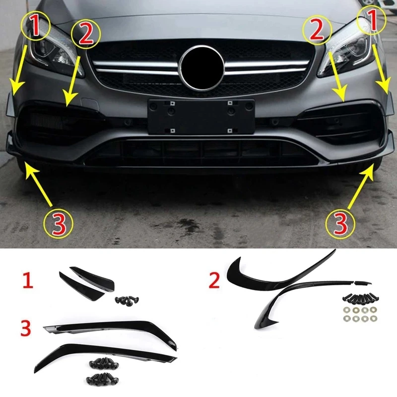 6PCS Car Front Bumper Side Splitter Spoiler Canards Air Knife For Benz A Class W176 A180 A200 A220 AMG A45 2016-2018