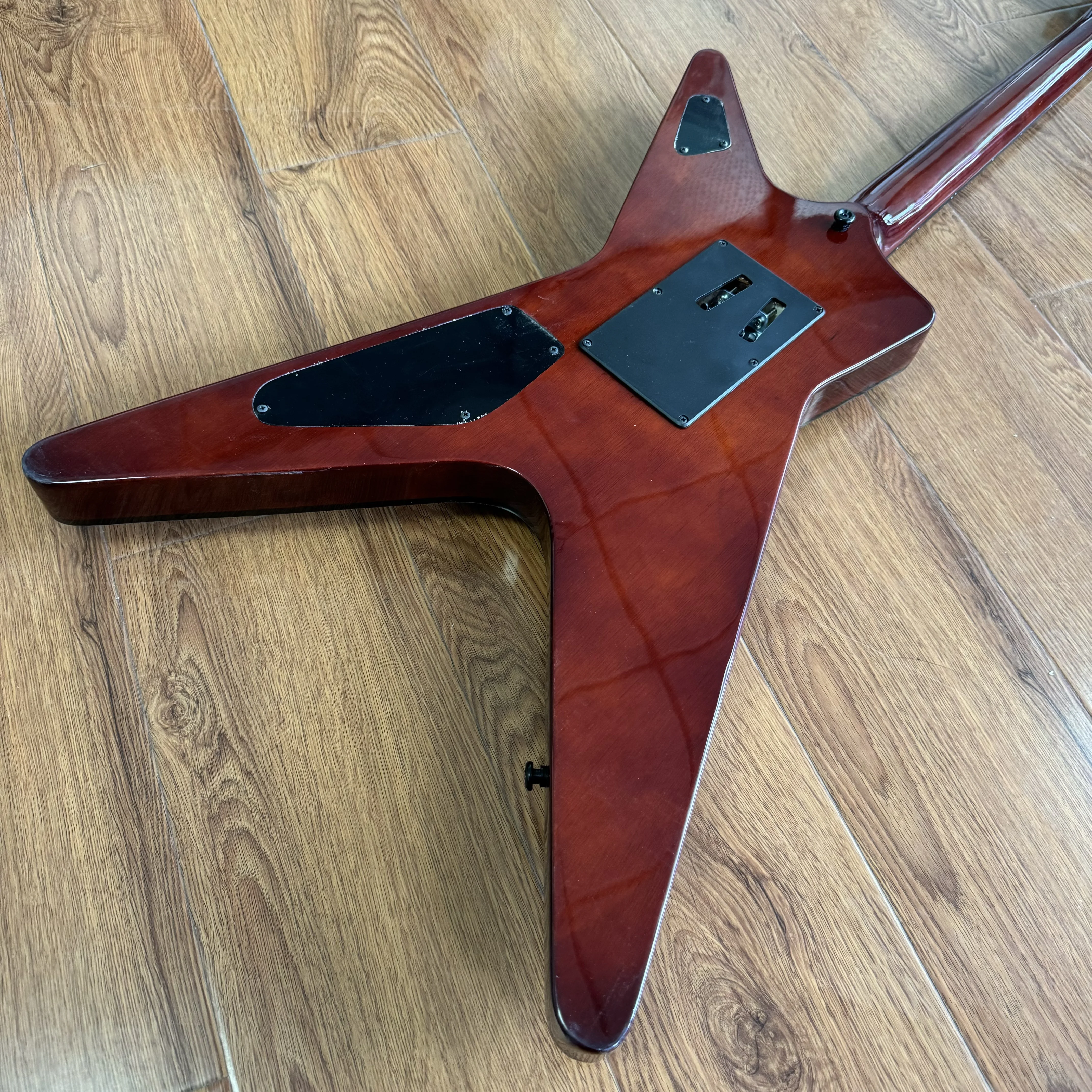 In Stock Fork Style Electric Guitar Green Yellow Burst Flame Maple Top Floyd Rose Tremolo HH Humbuckers 6 String Metal Guitar