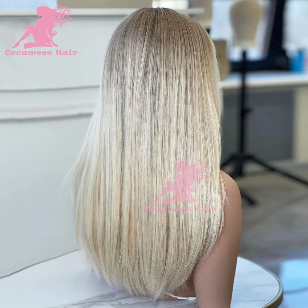 Peluca de cabello humano liso con encaje Frontal, pelo Remy brasileño transparente, sin pegamento, rubio ceniza, 13x6