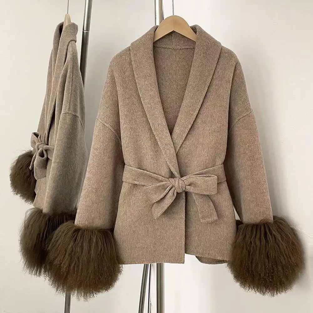 Jxwatcher Women's Wool Coat with Natural Mongolian Sheep Fur Cuffs 2025 Winter Clothing Ladies New Design Woolen Jacket Autumn