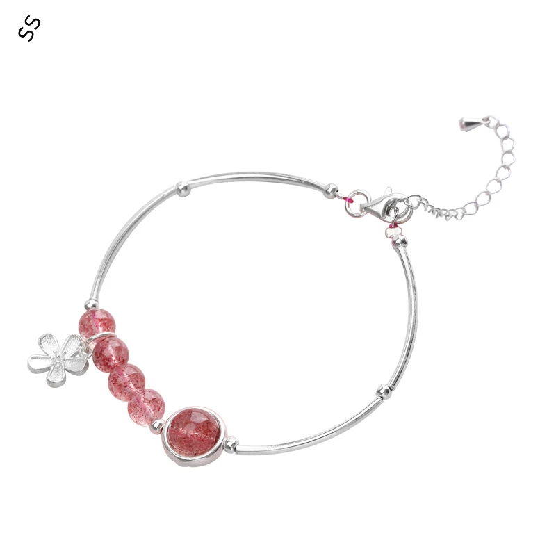 

Ladies Hand Charms Jewelry Accessories with Strawberry Crystal Beads Decoration Flower Pendant S925 Silver Adjustable Bracelets