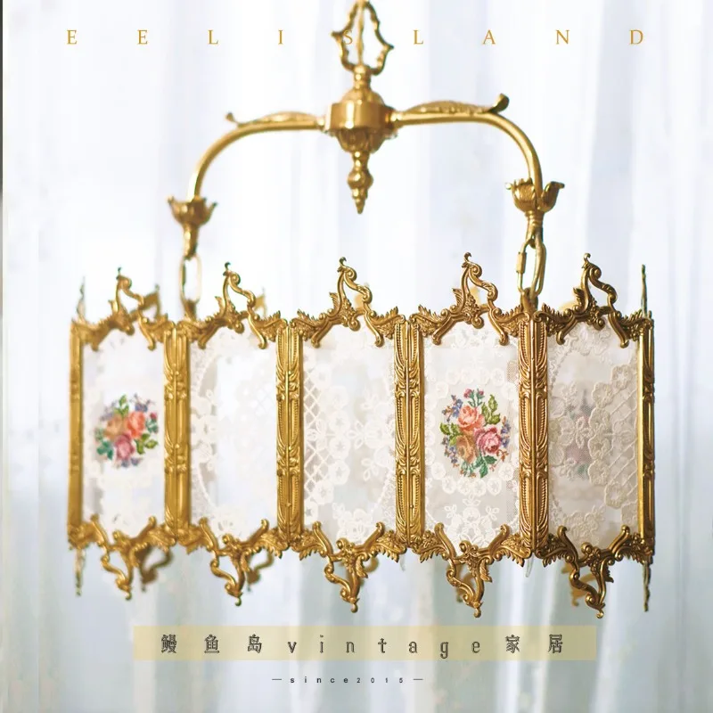 

French medieval retro lace glass lamp living room long villa all copper lamps chandelier dining room balcony brass lamp