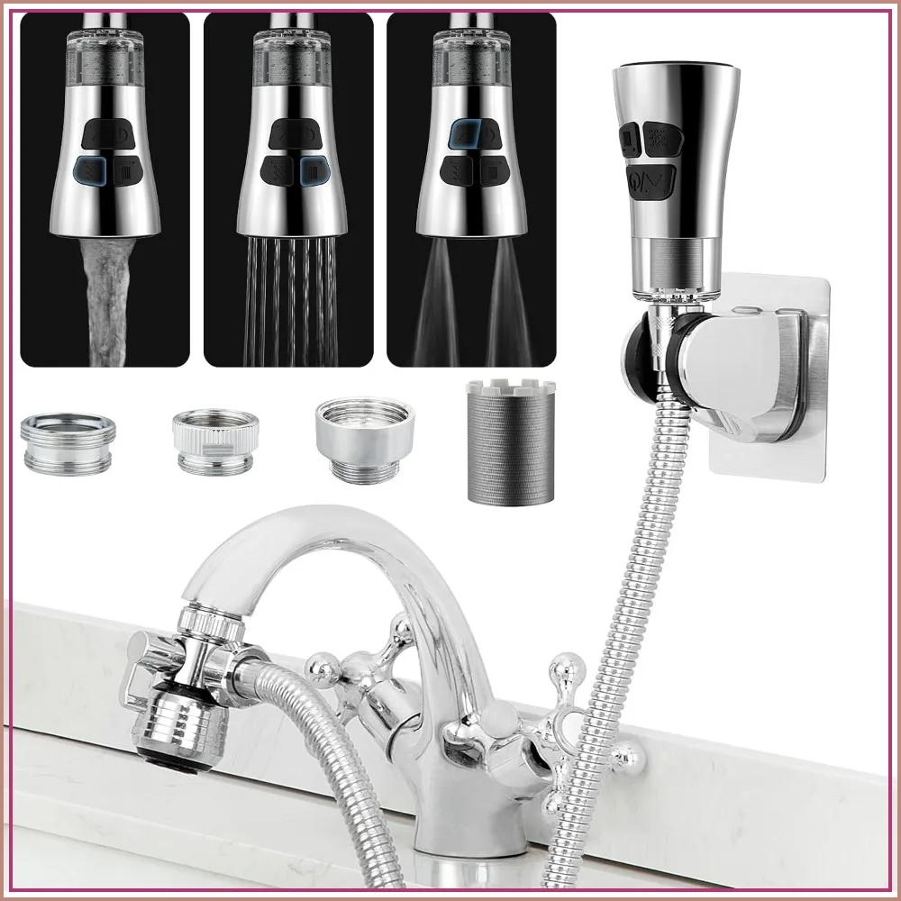 

Kitchen Faucet Sprayer Head with 4-Mode ON/Off, 4.9Ft Stainless Steel Hose, Water Saving Aerator & 3-Way Diverter for Hair Washing, Laundry, Pet Shower