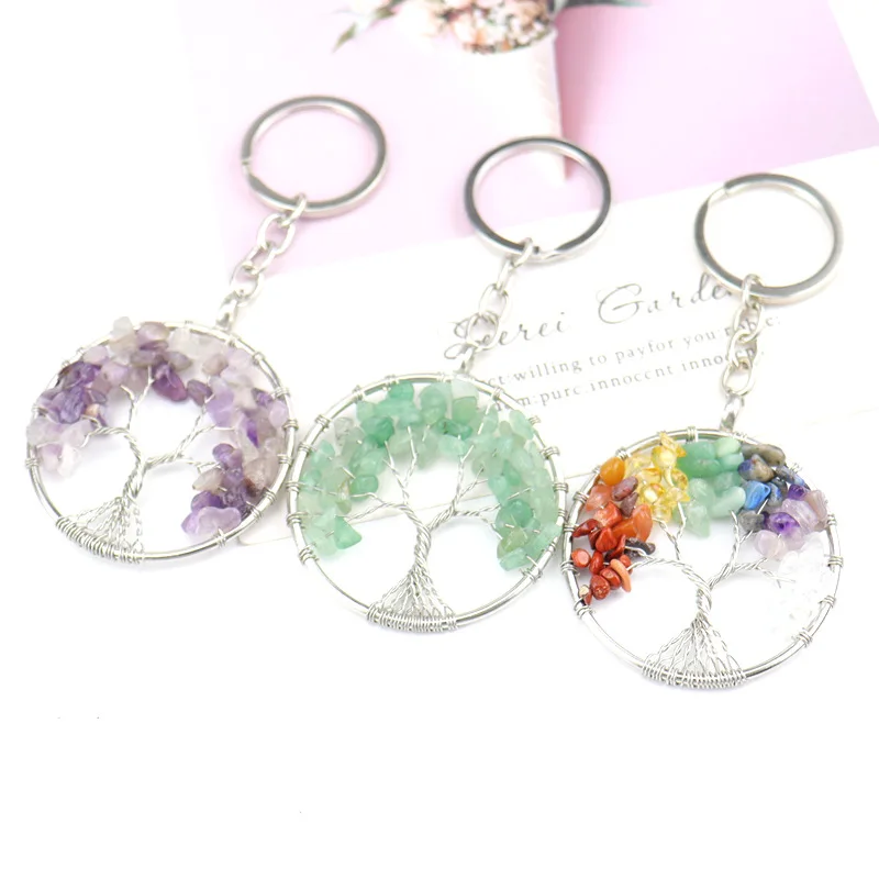 New 7 Chakra Natural Stone Crystal Tree of Life Energy Keychain Car Phone Bag Wishing Tree Pendant Jewelry Accessories for Women