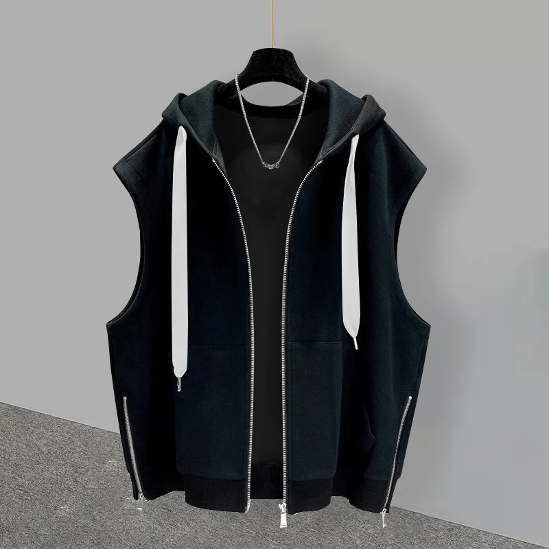 Men\'s Fashion Brand Hooded Zipper Vest Summer Outwear Trend Versatile Cool Solid Casual Sports Loose Oversized Top