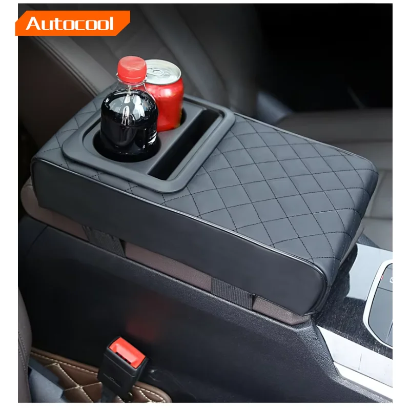 

Auto Center Console Armrest Cushion With 2 Cup Holder PU Leather Armrest Pad Portable Car Amrest Pillow Cover Height Pad