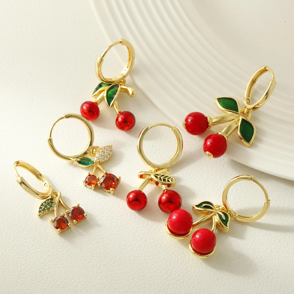 Gold Color Cherry Earrings For Women, Cute Red Cherry Design With Zircon Stones, Perfect For Summer Picnics And Parties