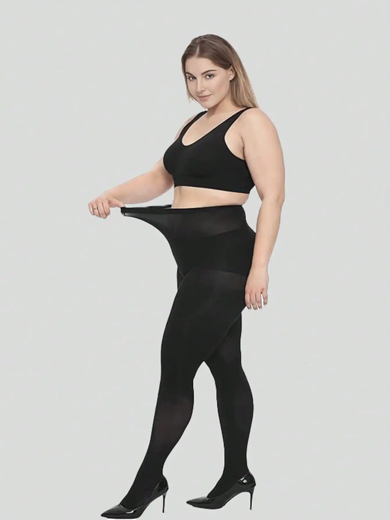 1 Paar Damen Plus Size Schwarze Blickdichte Bauchkontroll-Strumpfhose, Hochgeschnitten für Kurvenreiche Figur
