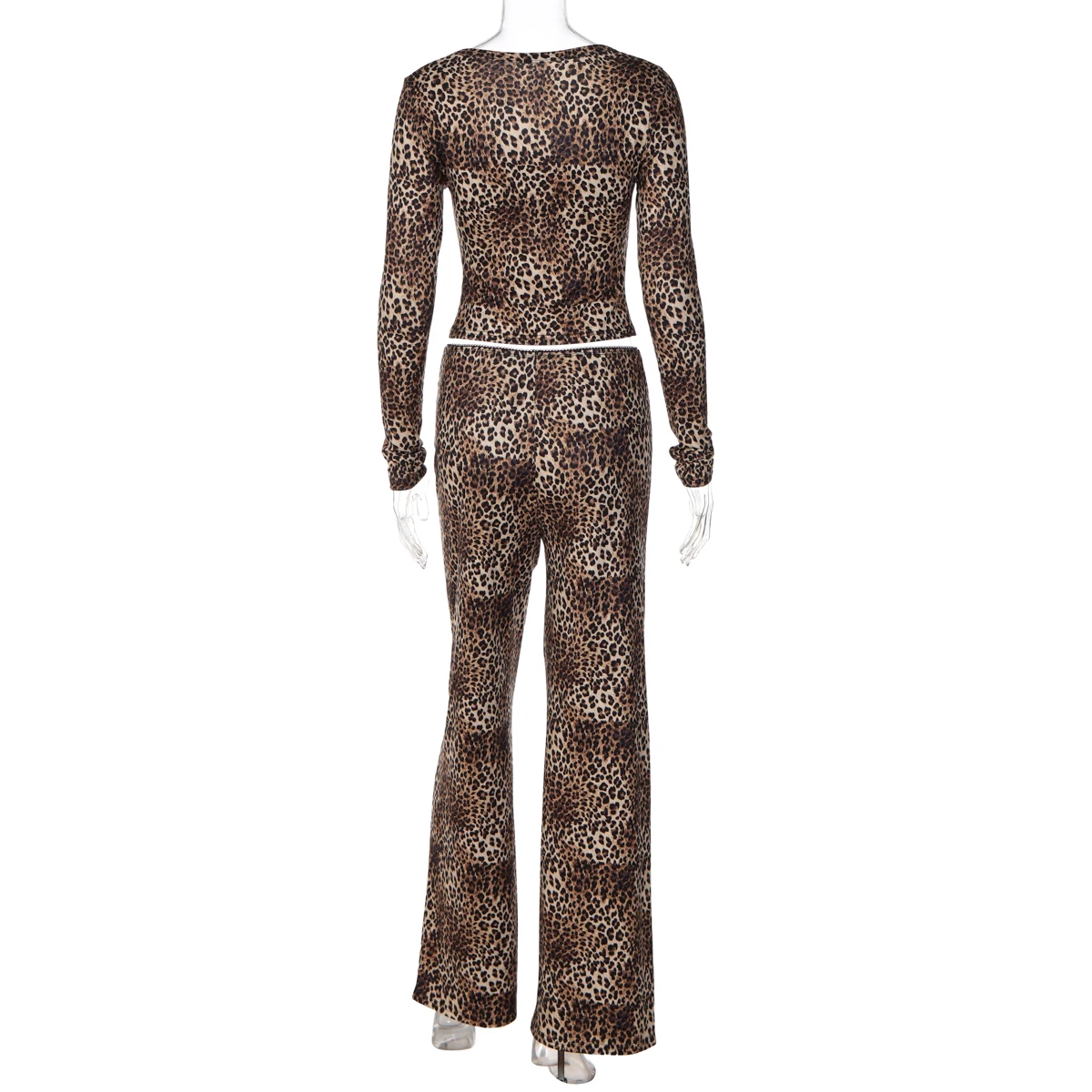 Hugcitar Leopardenmuster 2-teiliges Set Langarm-Knopfleiste Sexy Crop-T-Shirt Top Weite Hose Herbst Damen-Outfits Urlaub Party – Detail 4