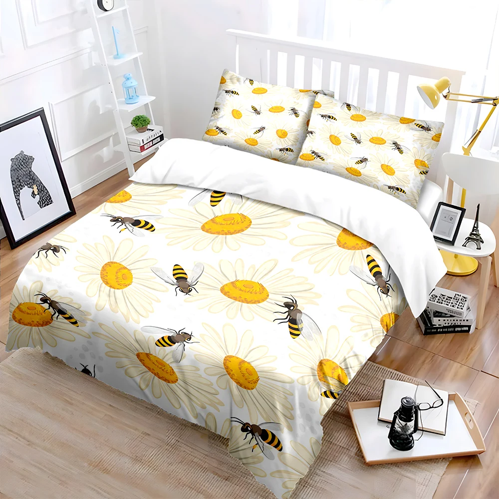 Bees and White Daisy Pattern Bedding Set for Kids Luxury Gift 3pcs Digital Print Comforter Set Soft Comfortable Breathable