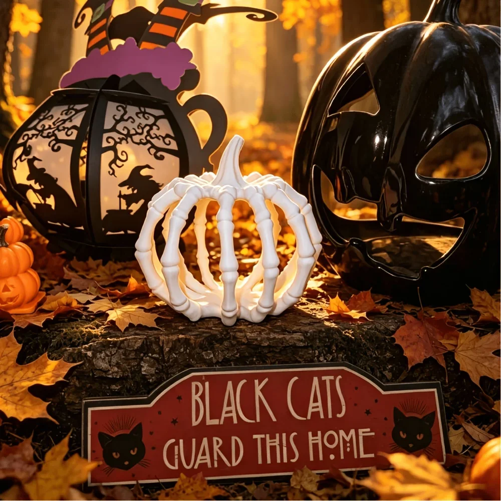 Halloween Skeleton Bone Pumpkin Figurine 3D Printed Hollow Decor Ornaments Spooky Tabletop Statue Fall Harvest Party Decor Gifts