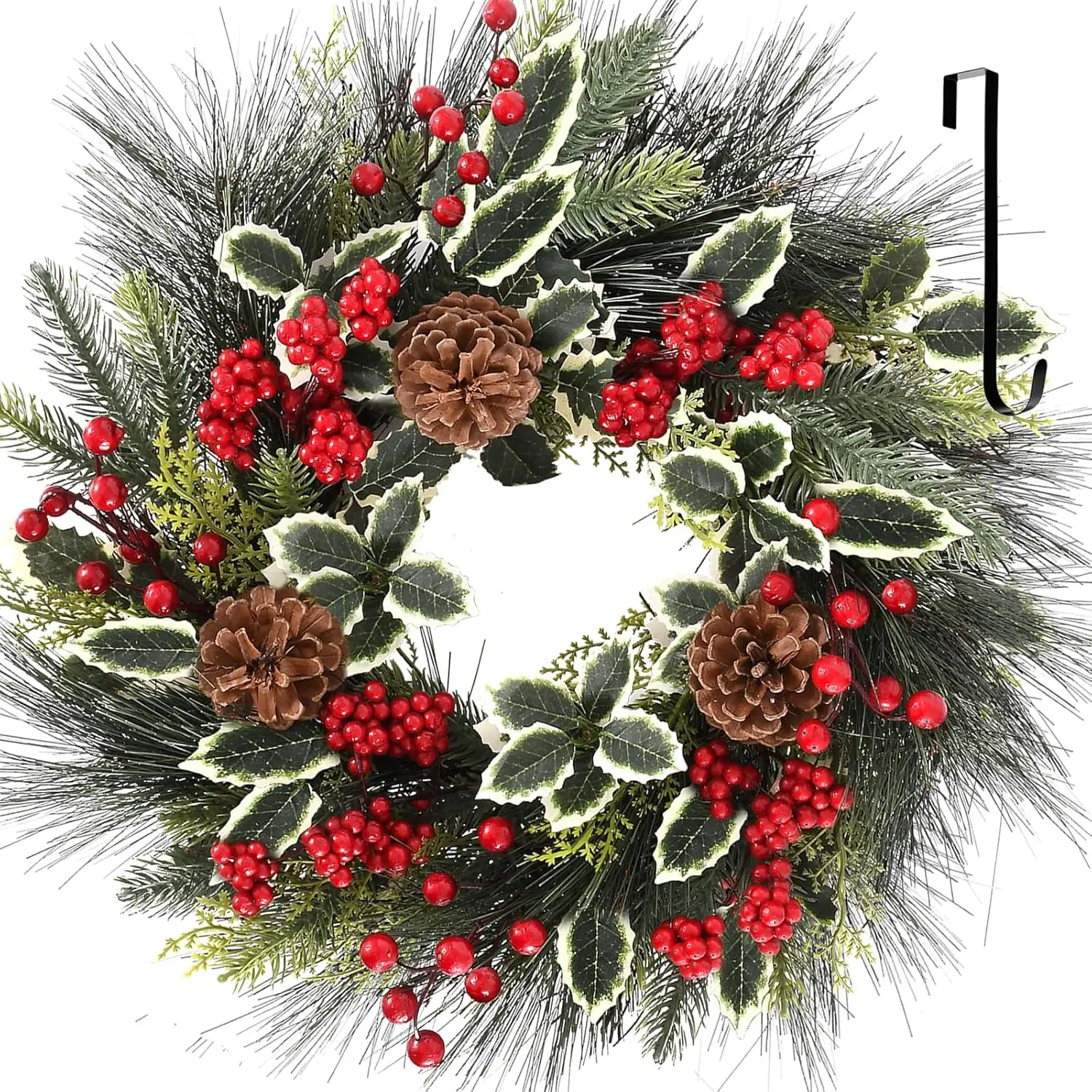 

24" Christmas Wreath – Farmhouse Rattan Base with Red Berries & Pine Cones, for Indoor/Outdoor Door Decor