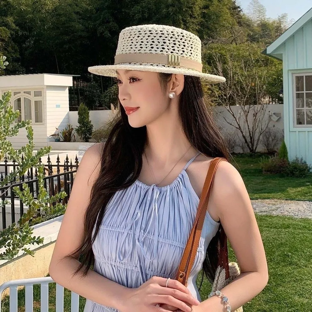 Sun Protection Straw Boater Hat Lightweight Breathable Mesh Handwoven Sun Cap Exquisite Craftsmanship Wide Brimmed