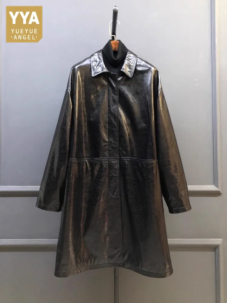 Top Qualität Frauen Echtes Leder Graben Jacke Turndown Kragen Vintage Echt Schaffell Mäntel Büro Dame Mid Lange Oberbekleidung