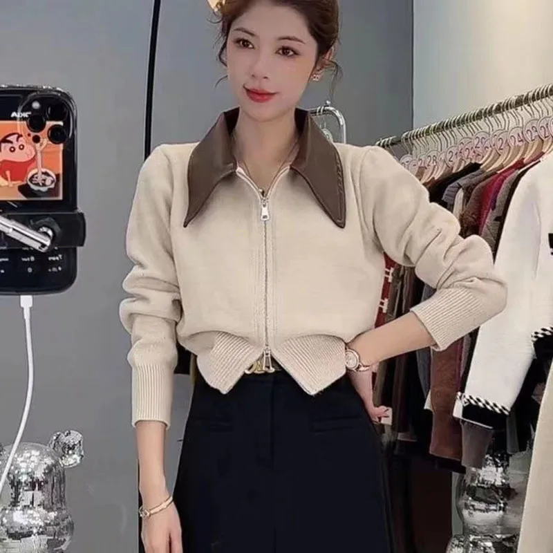 Fashion Zipper Knitted Cardigan Ladies Korean Chic PU Leather Lapel Cropped Sweater Coat Women Lazy Style Solid Jersey Cardigans