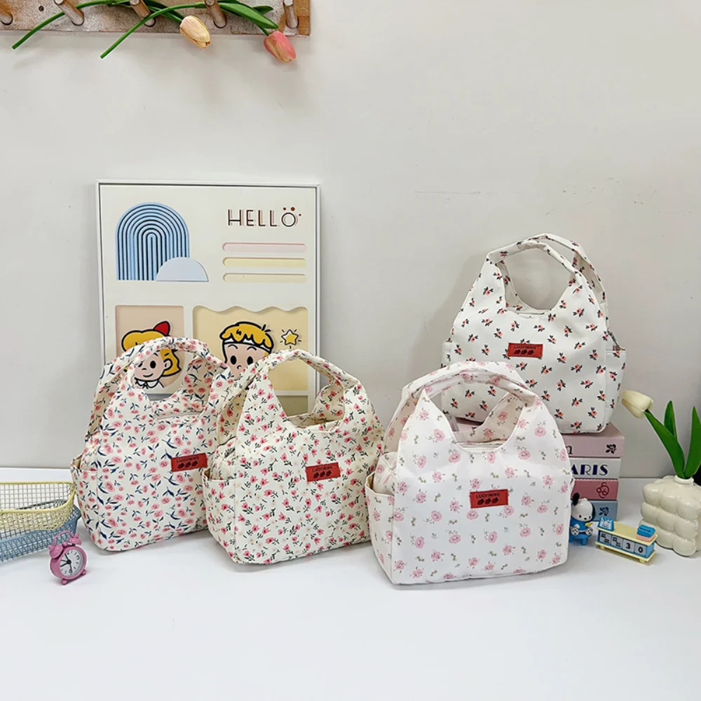 

Small Floral Print Handbag For Women Commuting Handheld Bento Bag Large Capacity Student Lunch Bag Casual Shopping Wrist Bag
