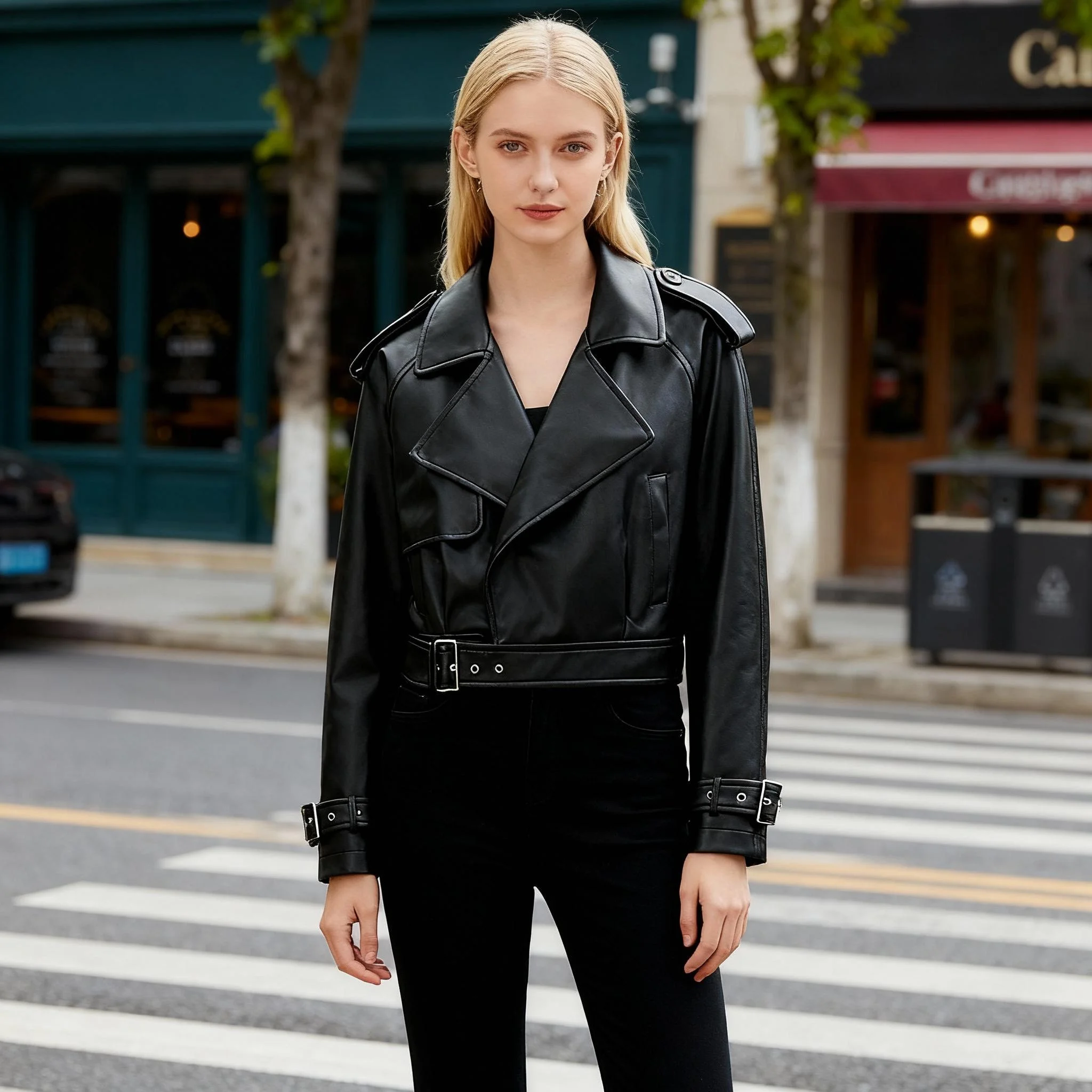 

Y2K Women Spring and Autumn handsome motorcycle PU leather Jacket faux leather shorts Jacket Outdoor Jacket