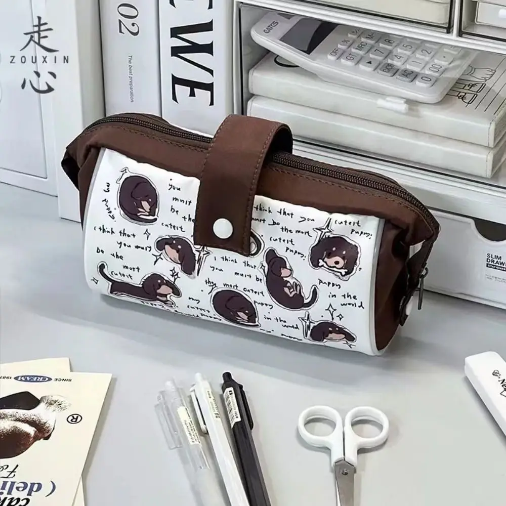 Cartoon Print Leuke Hond Pen Tas Grote Capaciteit Flip Cover Snaps Briefpapier Opbergtas Multifunctionele Rits