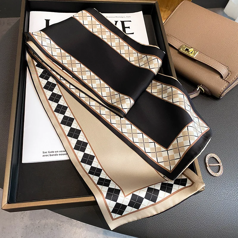 Luxury Design 110*13 CM Ribbon Silk Scarf Women Lattice Print Soft Satin Neck Tie Headband Foulard Lady Hairband Gift Hands Bag